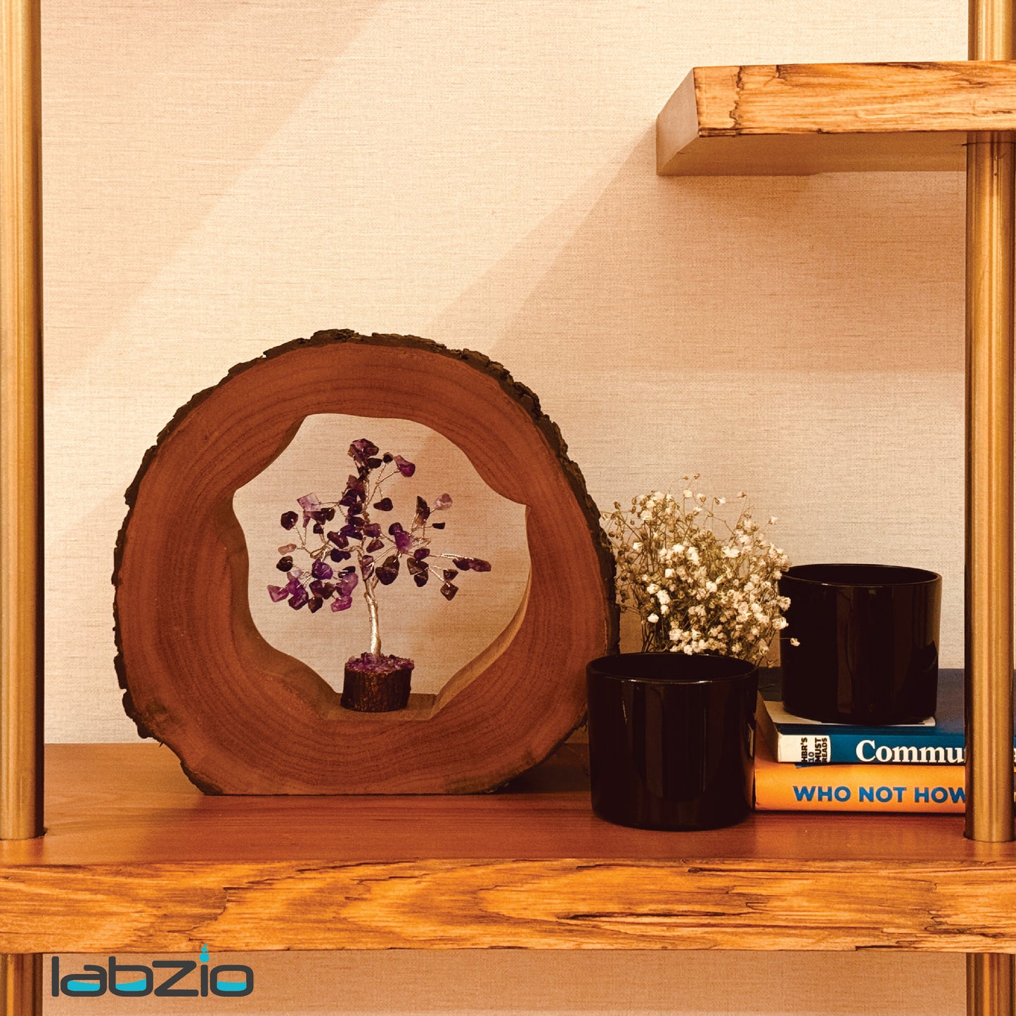 LABZIO Natural Wooden Log with Amethyst 'Tree of Life' – Handmade Crystal Tree Sculpture for Home Decor, Positive Energy, and Spiritual Healing – Unique Wood Slice Display for Tabletop or Shelf