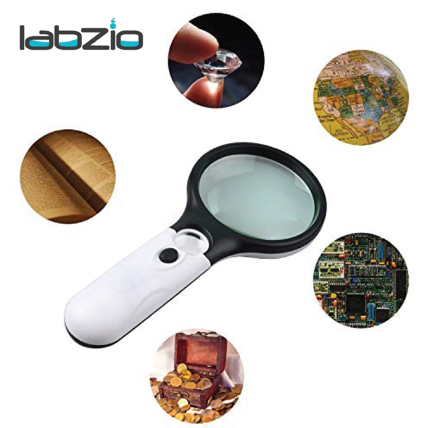 LABZIO Hand-Held Magnifier with LED Lighting, 3X/45X Dual Lens Magnifying Glass for Jewelry Inspection, Reading, Crafts, Hobbies - Portable & Lightweight Illuminated Magnifier for Low Vision Aid