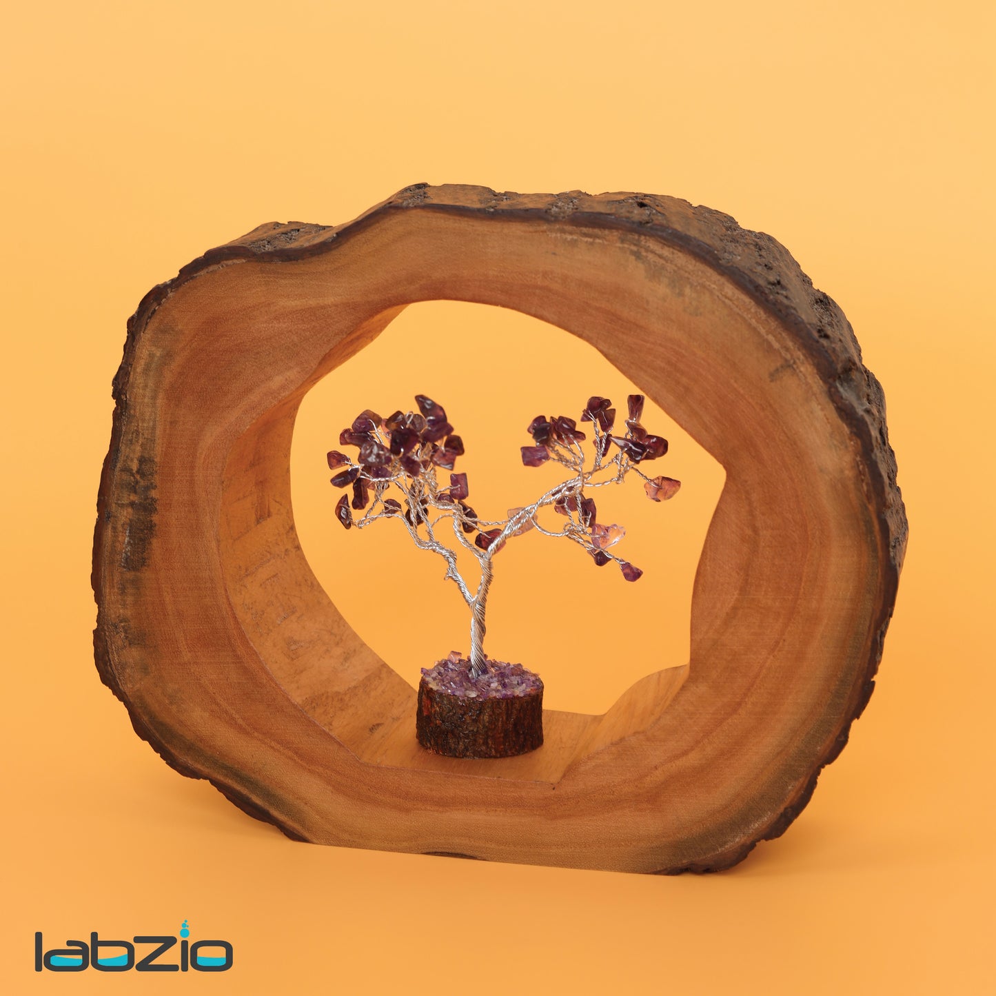 LABZIO Natural Wooden Log with Amethyst 'Tree of Life' – Handmade Crystal Tree Sculpture for Home Decor, Positive Energy, and Spiritual Healing – Unique Wood Slice Display for Tabletop or Shelf