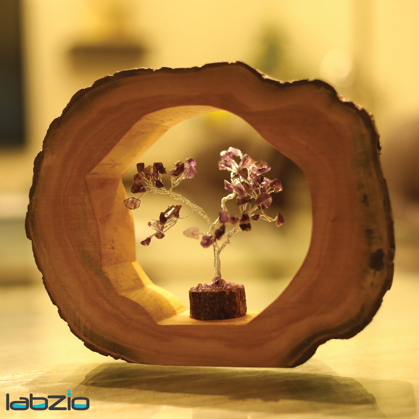 LABZIO Natural Wooden Log with Amethyst 'Tree of Life' – Handmade Crystal Tree Sculpture for Home Decor, Positive Energy, and Spiritual Healing – Unique Wood Slice Display for Tabletop or Shelf