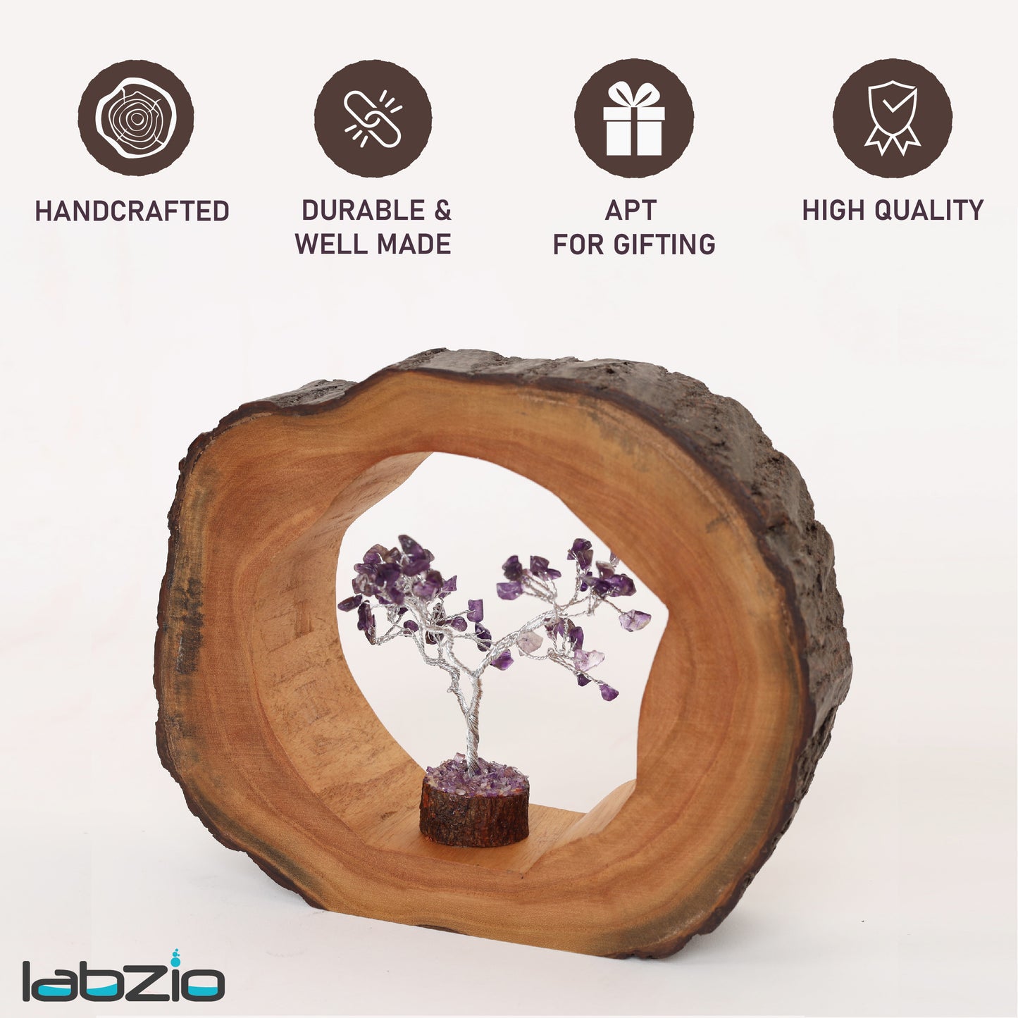 LABZIO Natural Wooden Log with Amethyst 'Tree of Life' – Handmade Crystal Tree Sculpture for Home Decor, Positive Energy, and Spiritual Healing – Unique Wood Slice Display for Tabletop or Shelf
