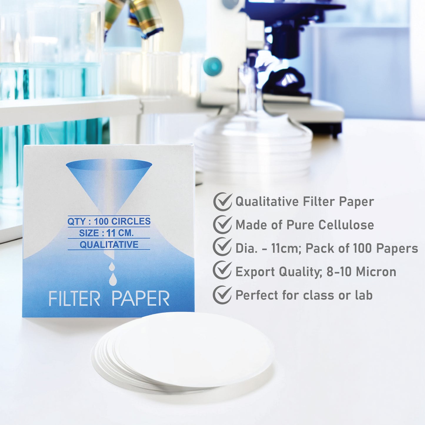 Eisco Premium Filter Paper — Qualitative Filter Paper For Laboratory, Class, For Experiments And More, White,11 Cm Diameter, Pack Of 100, Made Of Pure Cellulose, 8-10 Micron
