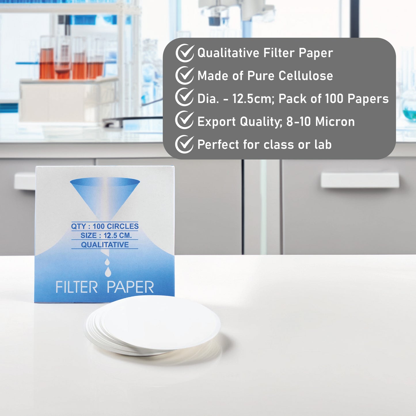 EISCO Premium Qualitative Filter Paper – 12.5cm, 8-10 Micron (100 Sheets) High-Purity Lab Filtration Paper for Chemistry, Water Testing, Scientific Research, School Lab & STEM Education