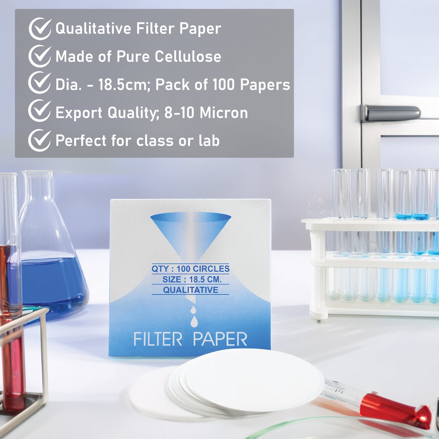 Eisco Premium Filter Paper — Qualitative Filter Paper for Laboratory, Class, for Experiments and More, White,18 Cm Diameter, Pack of 100, Made of Pure Cellulose, 8-10 Micron