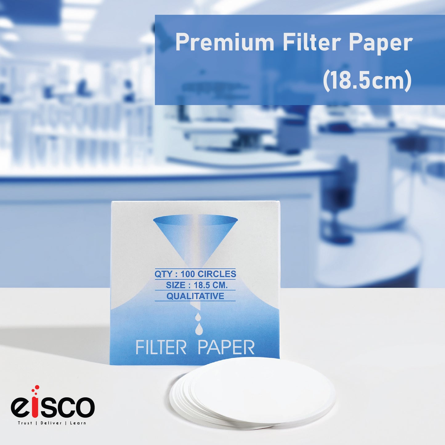 Eisco Premium Filter Paper — Qualitative Filter Paper for Laboratory, Class, for Experiments and More, White,18 Cm Diameter, Pack of 100, Made of Pure Cellulose, 8-10 Micron