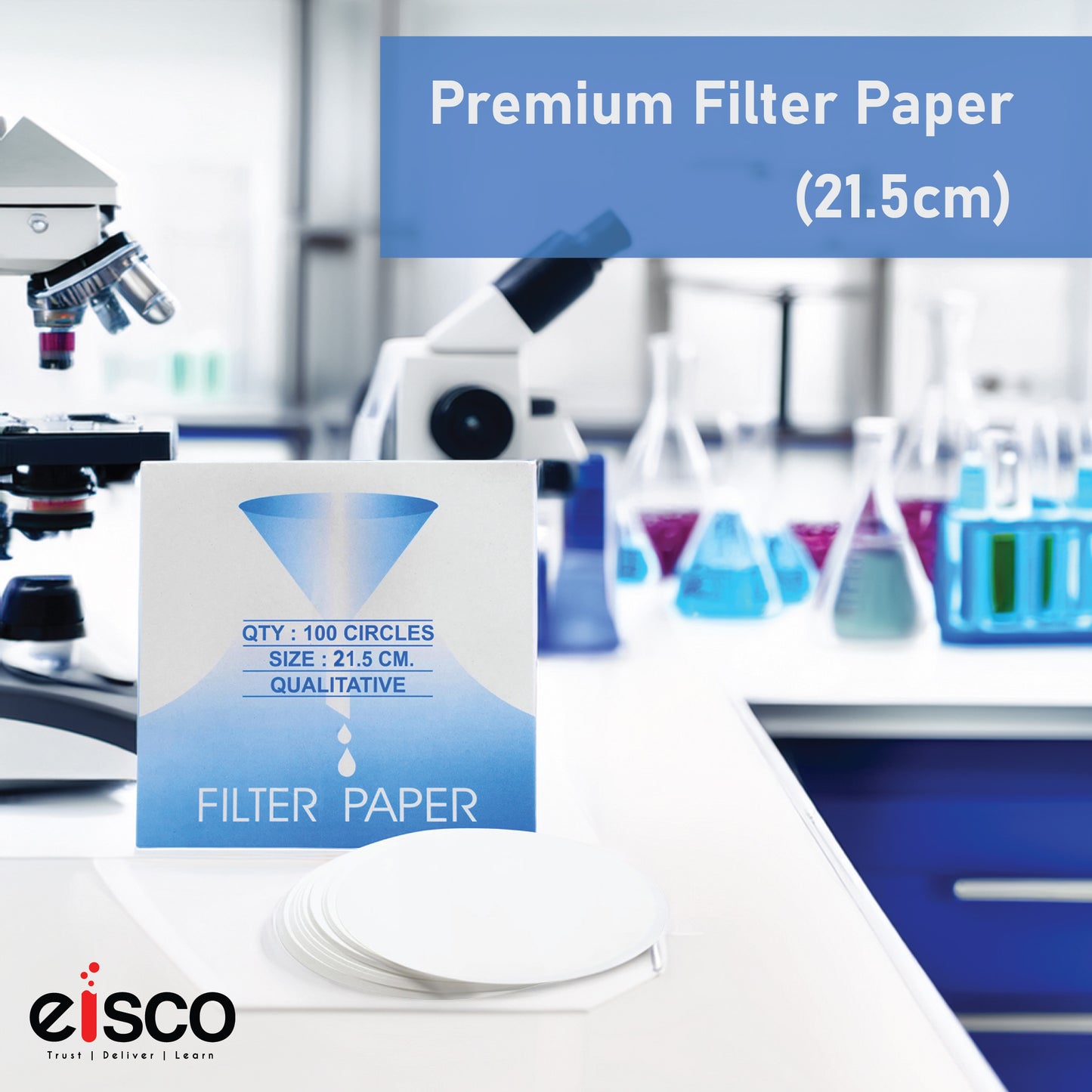 EISCO Premium Lab Filter Paper – 21.5cm, 8-10 Micron (100 Sheets) High-Purity Qualitative Filter Paper for Chemistry, Scientific Research, Liquid Filtration, Experiments, Classroom, STEM Learning