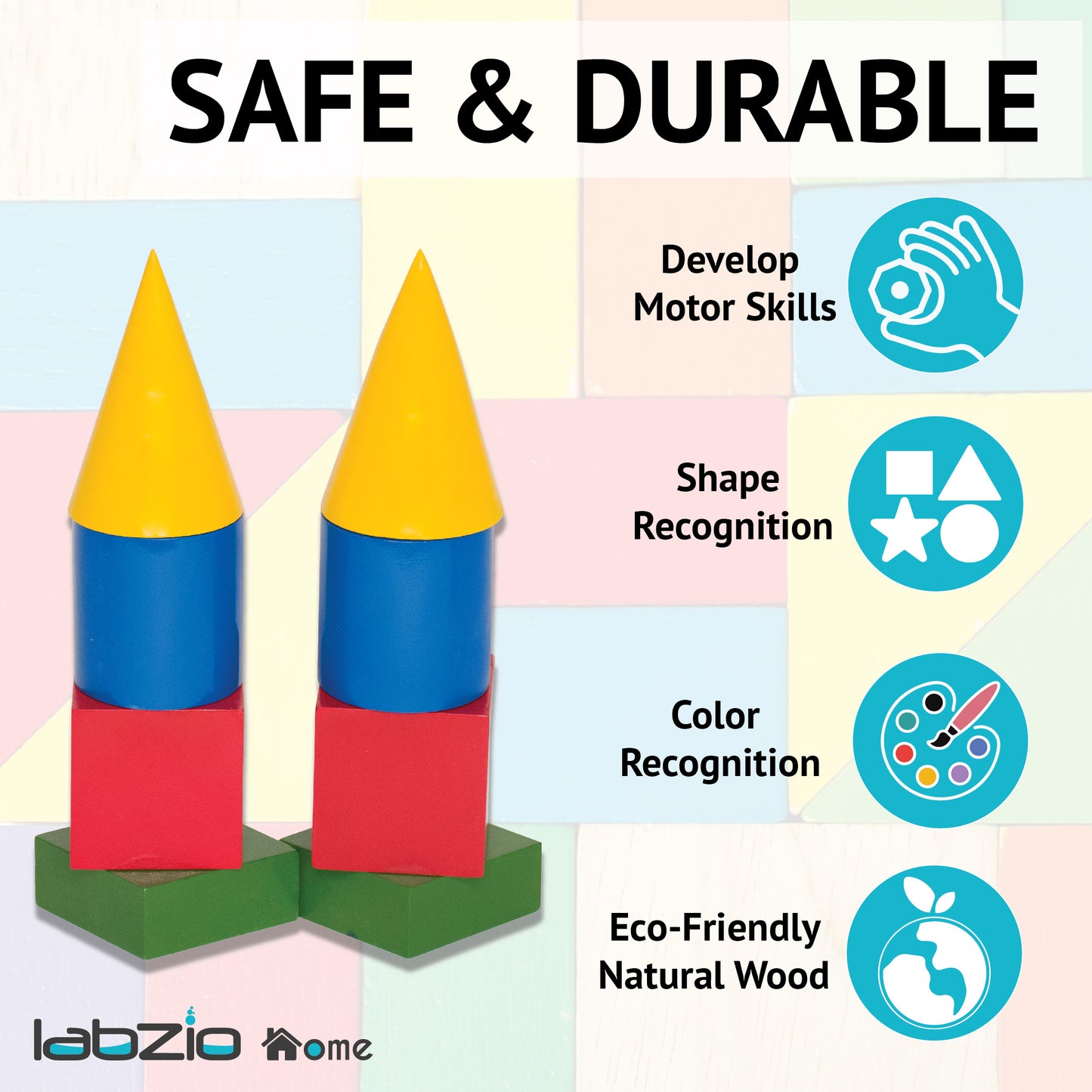 Labzio -Wooden Toy/Puzzle for Learning with Sorting and Stacking Geometrical Shapes and Colours for Children in a Fun Way.