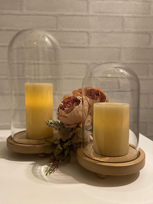 LABZIO Decorative Clear Borosilicate Glass Bell Jar with Round Lacquered Wood Base and Wooden Feet, Elegant Tabletop Display Case for Home Decor, Centerpiece, Office, Living Room, Unique Glass Jar Display