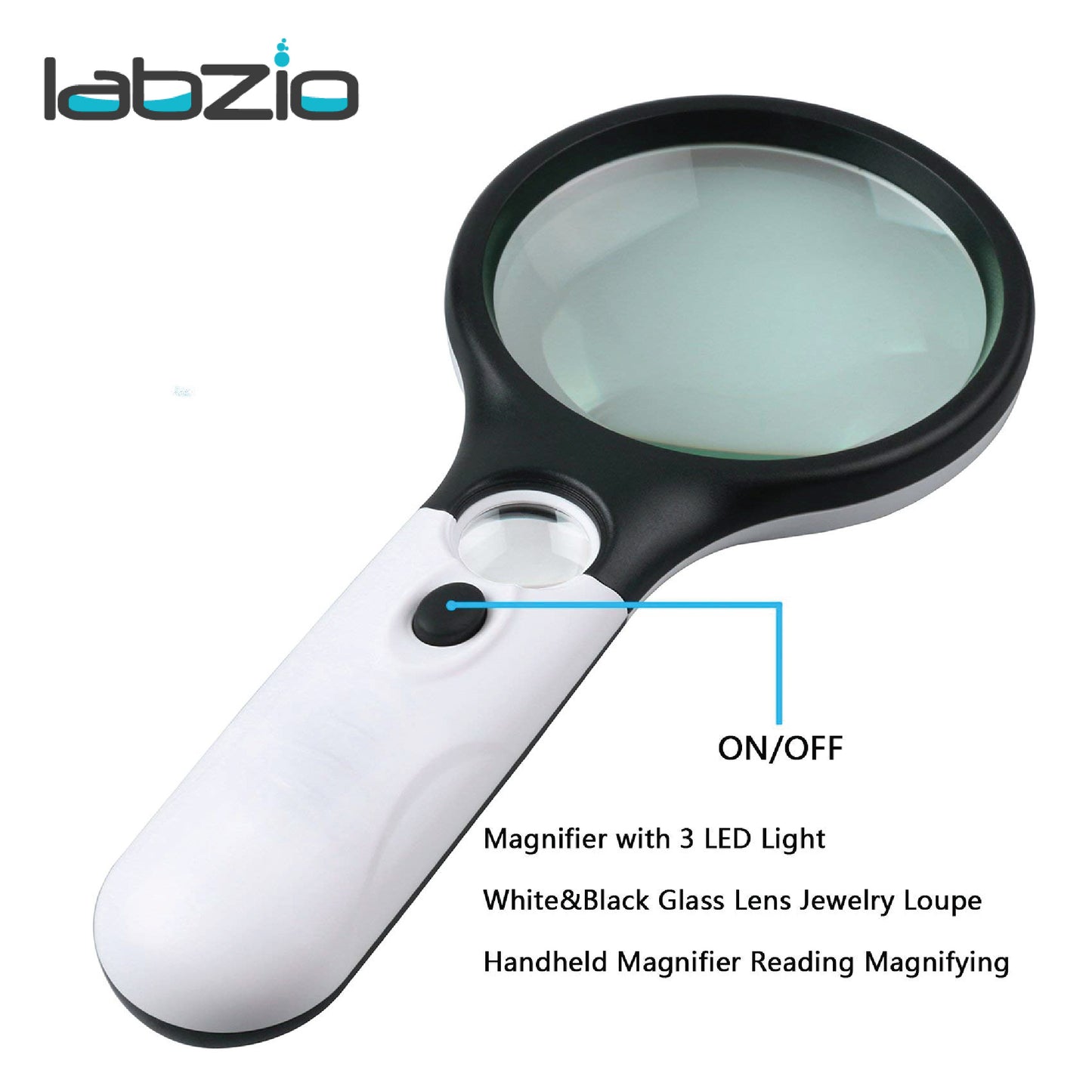 LABZIO Hand-Held Magnifier with LED Lighting, 3X/45X Dual Lens Magnifying Glass for Jewelry Inspection, Reading, Crafts, Hobbies - Portable & Lightweight Illuminated Magnifier for Low Vision Aid