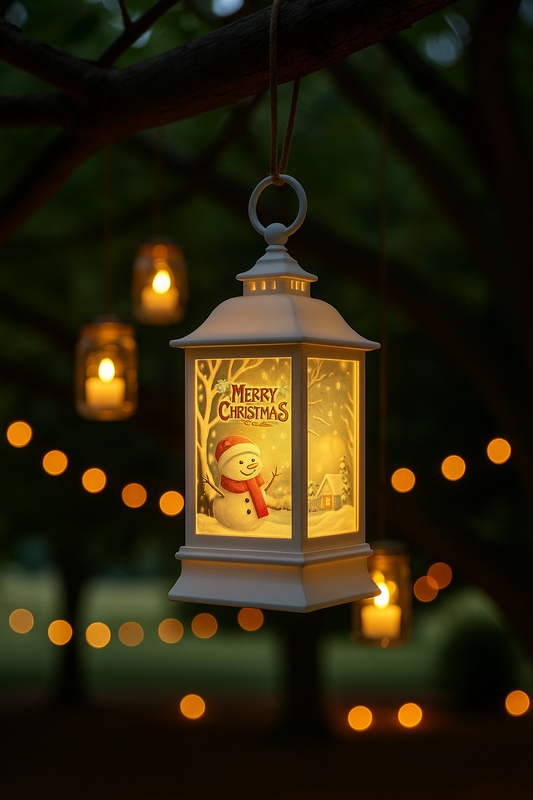 LABZIO Square Lantern Lamp Small Antique | Battery Operated LED Hanging Lantern for Indoor & Outdoor Use | Flameless & Smokeless Acrylic Tent Light | Snowman White 6X14 Cm