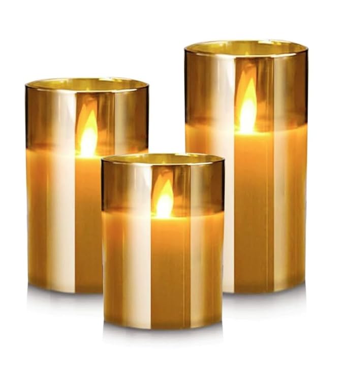 LABZIO Set of 3 Real Wax LED Flameless Pillar Candles with Flickering Amber Glass Effect, Color Changing & Remote Controller, Golden Acrylic Fiber Glass, for Christmas Home Decor & Festive Ambiance
