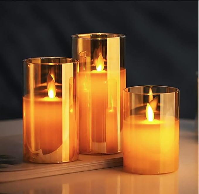 LABZIO Set of 3 Real Wax LED Flameless Pillar Candles with Flickering Amber Glass Effect, Color Changing & Remote Controller, Golden Acrylic Fiber Glass, for Christmas Home Decor & Festive Ambiance