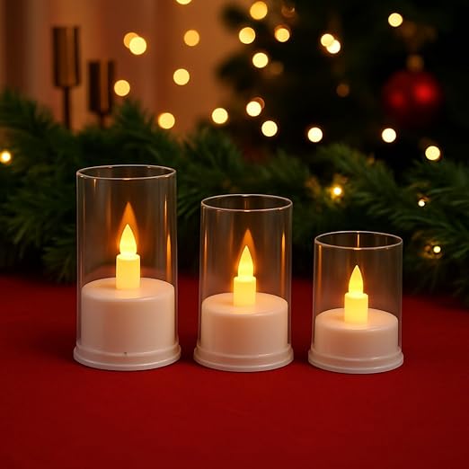 LABIO Set of 3 Gold Flameless LED Candle Lights | Acrylic Fiber Glass with Realistic Flickering Design | Seasonal Room & Home Decor for Gifting, Festivals, Anniversaries, Birthdays (7cm,9cm & 11cm)