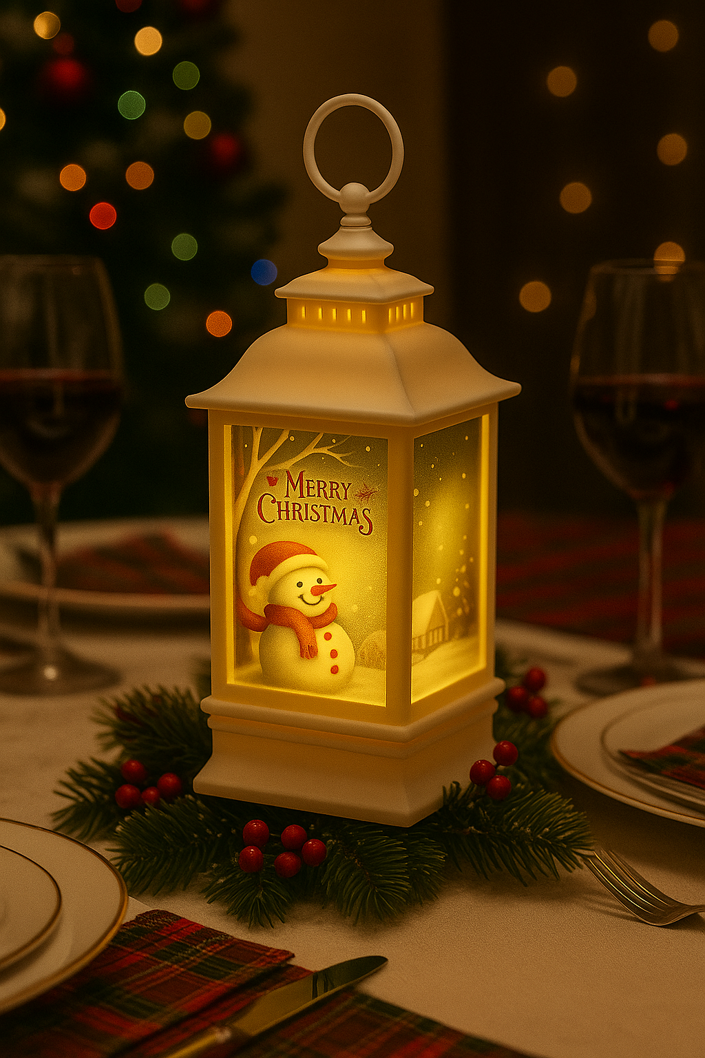 LABZIO Square Lantern Lamp Small Antique | Battery Operated LED Hanging Lantern for Indoor & Outdoor Use | Flameless & Smokeless Acrylic Tent Light | Snowman White 6X14 Cm
