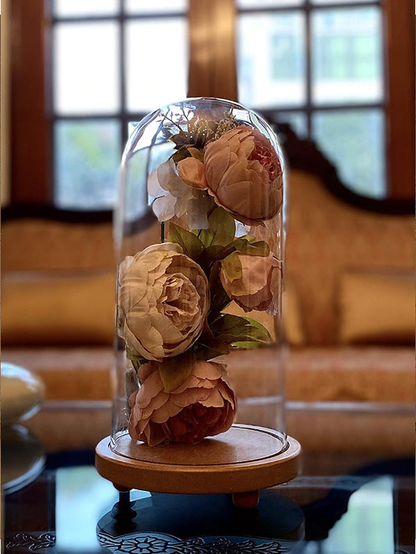 LABZIO Decorative Clear Borosilicate Glass Bell Jar with Round Lacquered Wood Base and Wooden Feet, Elegant Tabletop Display Case for Home Decor, Centerpiece, Office, Living Room, Unique Glass Jar Display