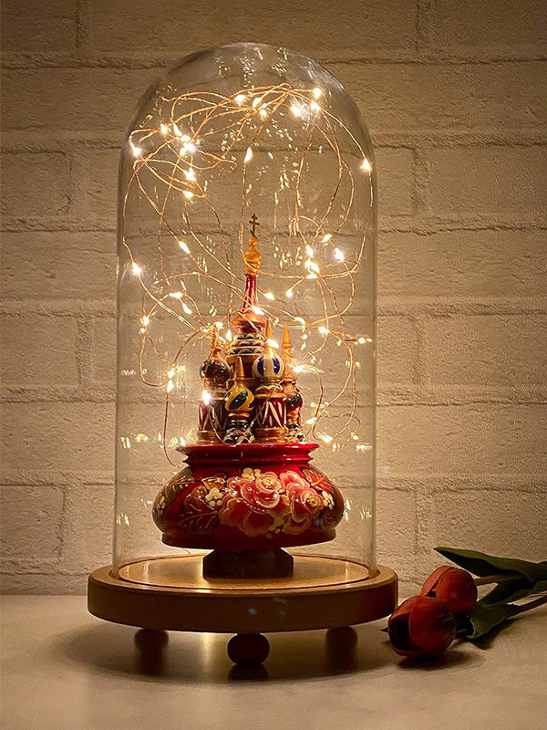 LABZIO Decorative Clear Borosilicate Glass Bell Jar with Round Lacquered Wood Base and Wooden Feet, Elegant Tabletop Display Case for Home Decor, Centerpiece, Office, Living Room, Unique Glass Jar Display