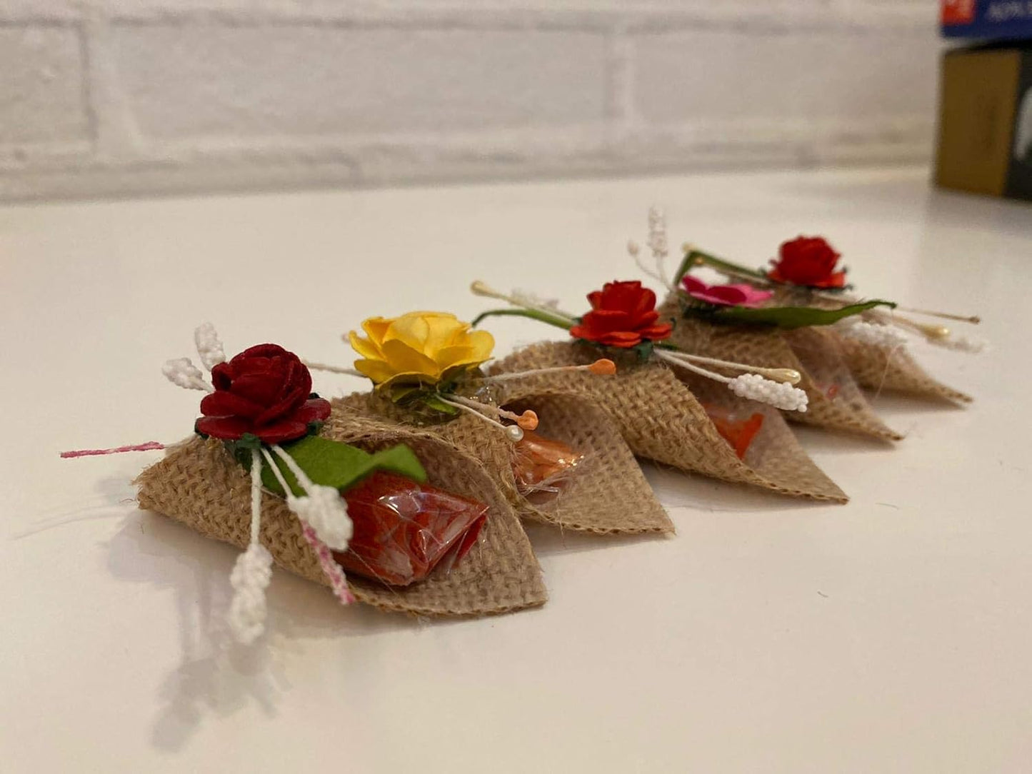 LABZIO Roli Chawal For Tikka — Handmade Jute Potli | Decorated With Beautiful Flower | Perfect For Rakhabandhan, Bhai Dooj And Other Occasion/Festivals | Pack Of 5