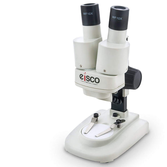EISCO Stereo Binocular Microscope(mini), for Beginners, LED Light, White Stage, AA Battery Operated, Bilateral Coarse Focus, with Dustcover & Styrofoam Case