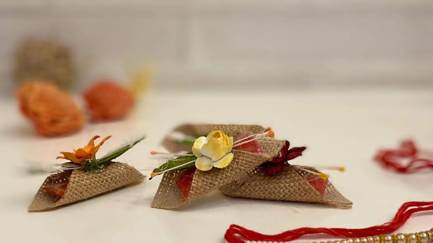 LABZIO Roli Chawal For Tikka — Handmade Jute Potli | Decorated With Beautiful Flower | Perfect For Rakhabandhan, Bhai Dooj And Other Occasion/Festivals | Pack Of 5