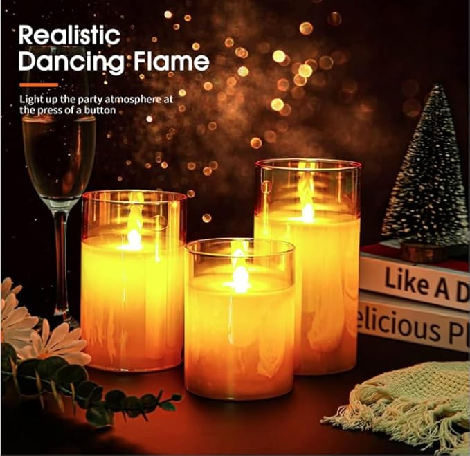 LABZIO Set of 3 Real Wax LED Flameless Pillar Candles with Flickering Amber Glass Effect, Color Changing & Remote Controller, Golden Acrylic Fiber Glass, for Christmas Home Decor & Festive Ambiance