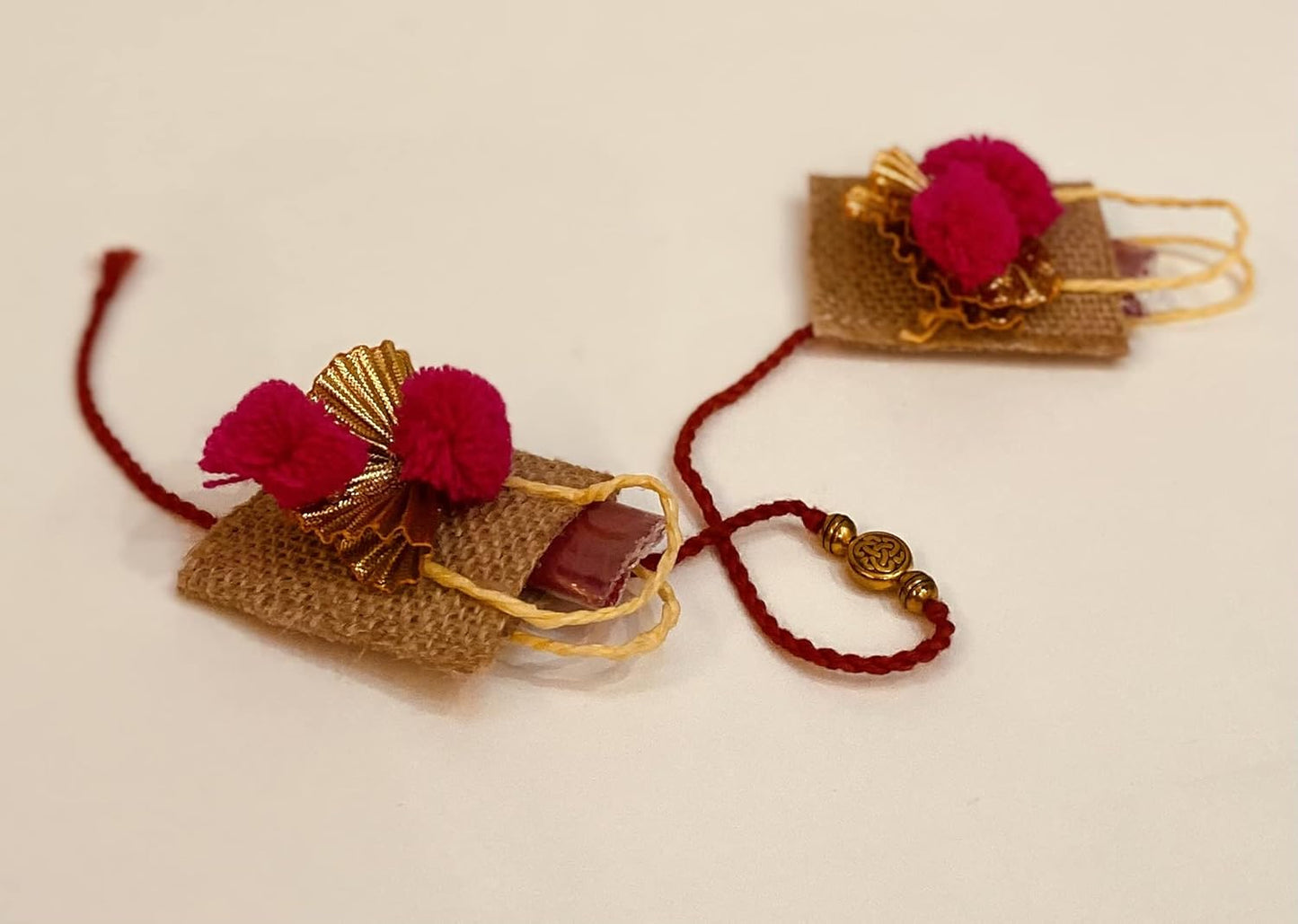 LABZIO Roli Chawal Bags for Tikka — Handmade Jute Small Sqaure Bags / Potli | Decorated with Pom Pom | Perfect for Rakhabandhan , Bhai Dooj and Other Occasion / Festivals | Pack of 4