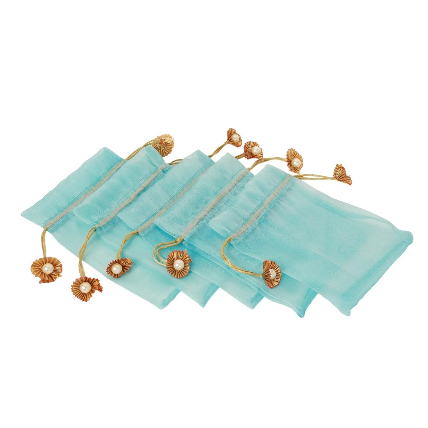 LABZIO Silk Organza Potli Bags for Return Gifts – 9x7 Inch Silk Gift Pouches with Drawstring & Flower Design, Wedding, Mehendi, Party Favor Bags, Jewelry Pouch - (Pack of 5)