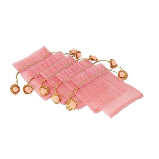LABZIO Silk Organza Potli Bags for Return Gifts – 9x7 Inch Silk Gift Pouches with Drawstring & Flower Design, Wedding, Mehendi, Party Favor Bags, Jewelry Pouch - (Pack of 5)