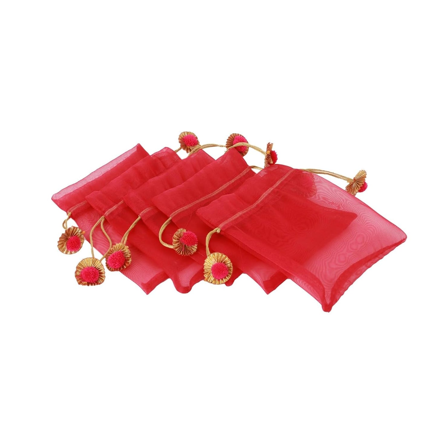 LABZIO Silk Organza Potli Bags for Return Gifts – 9x7 Inch Silk Gift Pouches with Drawstring & Flower Design, Wedding, Mehendi, Party Favor Bags, Jewelry Pouch - (Pack of 5)