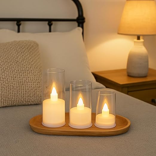 LABIO Set of 3 Gold Flameless LED Candle Lights | Acrylic Fiber Glass with Realistic Flickering Design | Seasonal Room & Home Decor for Gifting, Festivals, Anniversaries, Birthdays (7cm,9cm & 11cm)