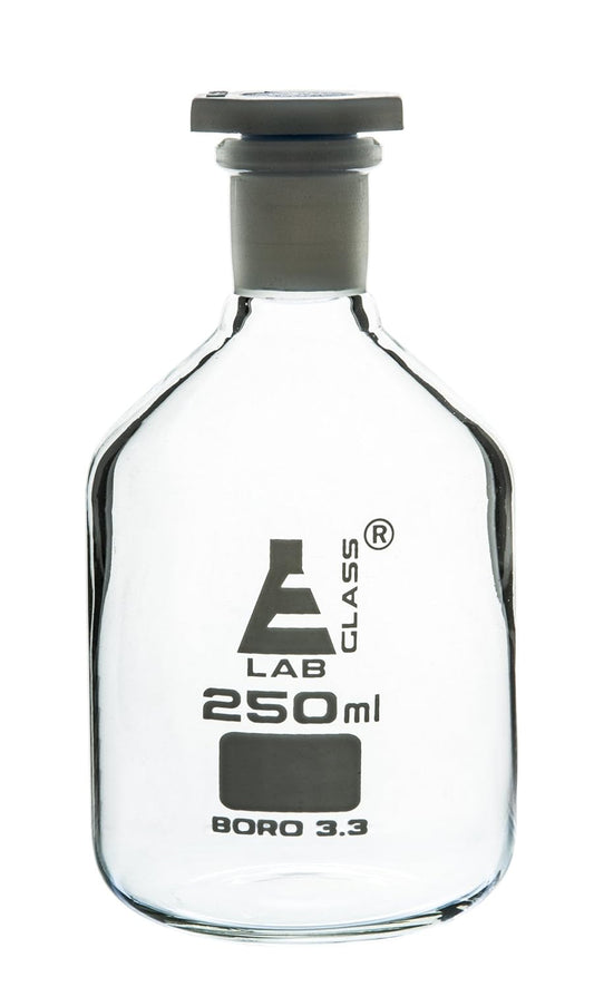 Eisco Labglass CH0160D Reagent Bottle, 250 ml, Narrow Mouth, with Acid Proof Polypropylene Stopper, Borosiliacte Glass, Pack of 6