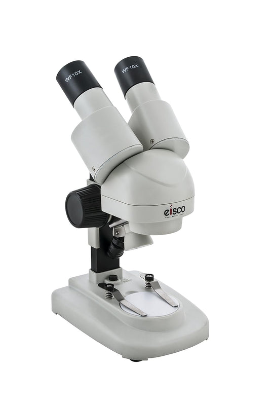 EISCO Stereo Binocular Microscope (mini) with 45° Inclined Head, LED Light, Reversible Black and White Stage, AA Battery Operated, Bilateral Coarse Focus, with Dustcover & Styrofoam Case