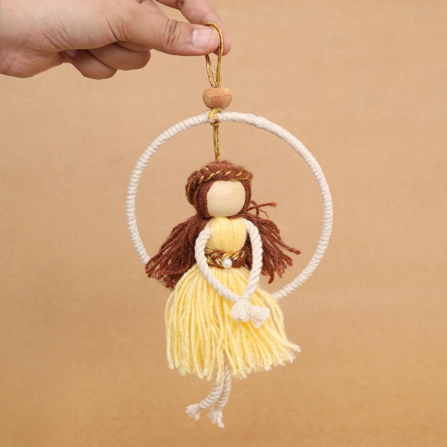 LABZIO Handmade Macrame Doll Hanging Ornament – Yarn Dress Décor for Home, Nursery, Kids’ Room & Gifts – Available in Blue, Green, Yellow (Green)