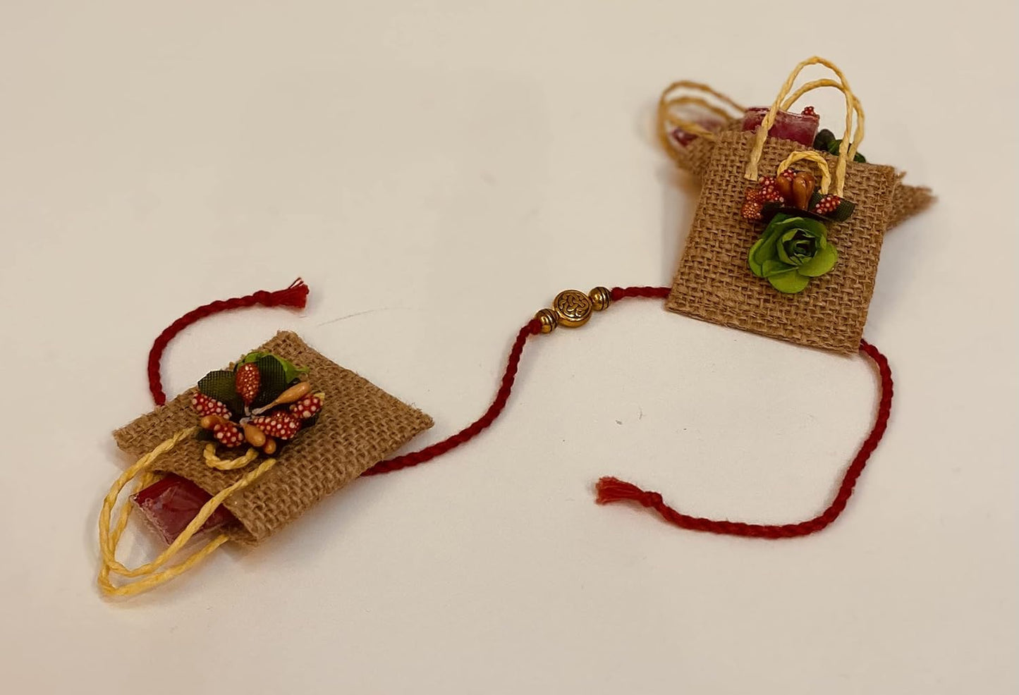 LABZIO Roli Chawal Bags For Tikka — Handmade Jute Small Sqaure Bags/Potli | Decorated With Flower | Perfect For Rakhabandhan, Bhai Dooj And Other Occasion/Festivals | Pack Of 4