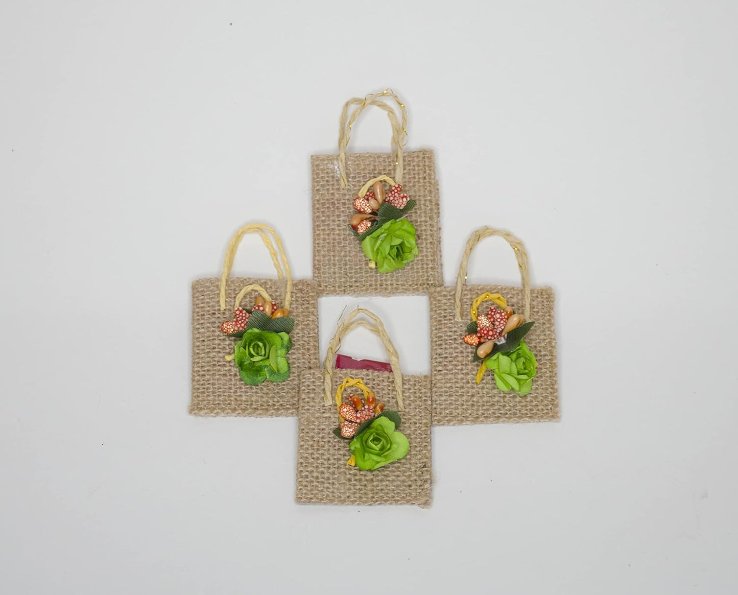 LABZIO Roli Chawal Bags For Tikka — Handmade Jute Small Sqaure Bags/Potli | Decorated With Flower | Perfect For Rakhabandhan, Bhai Dooj And Other Occasion/Festivals | Pack Of 4