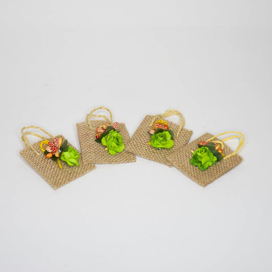LABZIO Roli Chawal Bags For Tikka — Handmade Jute Small Sqaure Bags/Potli | Decorated With Flower | Perfect For Rakhabandhan, Bhai Dooj And Other Occasion/Festivals | Pack Of 4