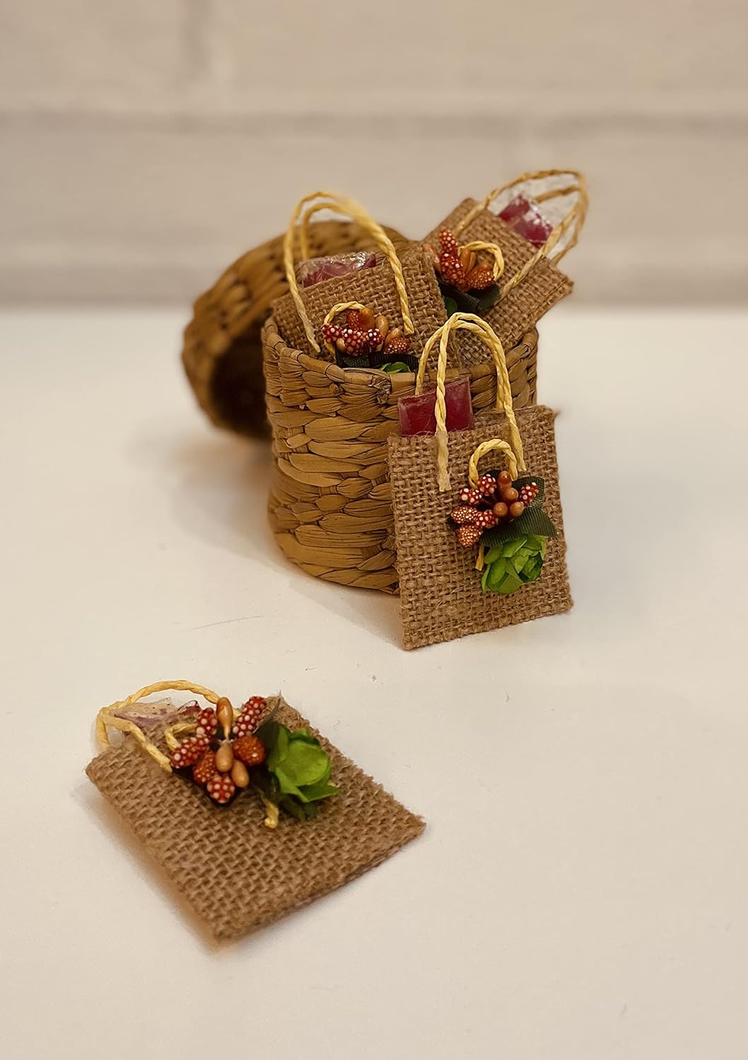 LABZIO Roli Chawal Bags For Tikka — Handmade Jute Small Sqaure Bags/Potli | Decorated With Flower | Perfect For Rakhabandhan, Bhai Dooj And Other Occasion/Festivals | Pack Of 4