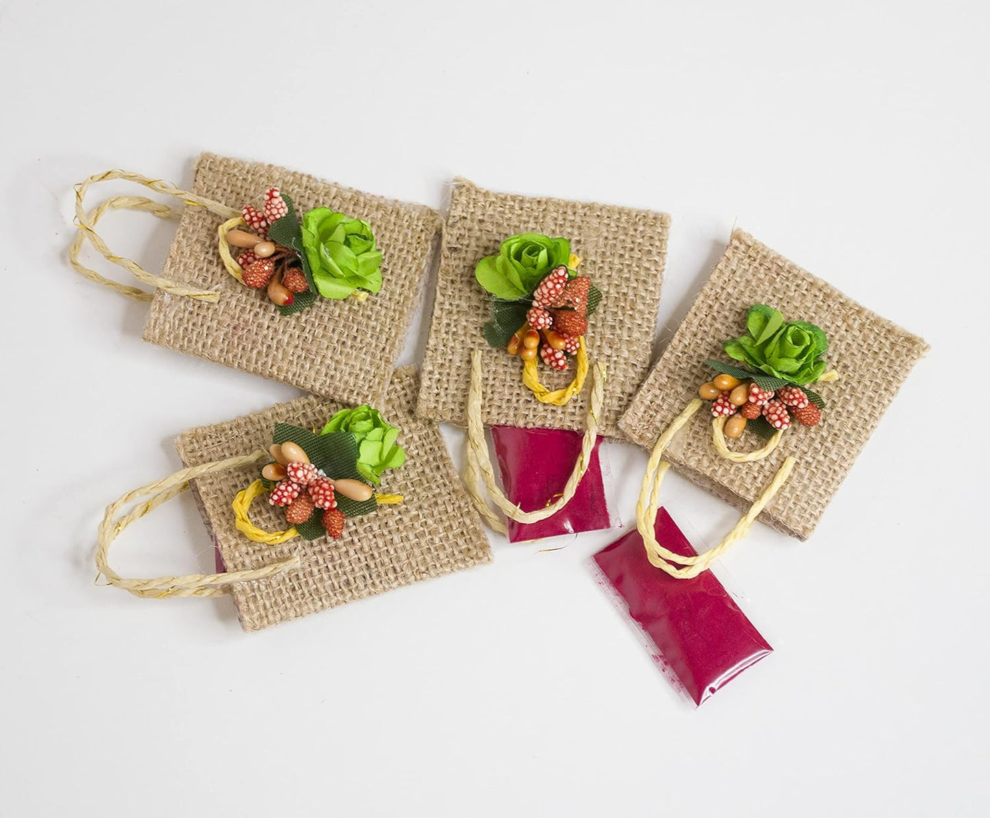 LABZIO Roli Chawal Bags For Tikka — Handmade Jute Small Sqaure Bags/Potli | Decorated With Flower | Perfect For Rakhabandhan, Bhai Dooj And Other Occasion/Festivals | Pack Of 4