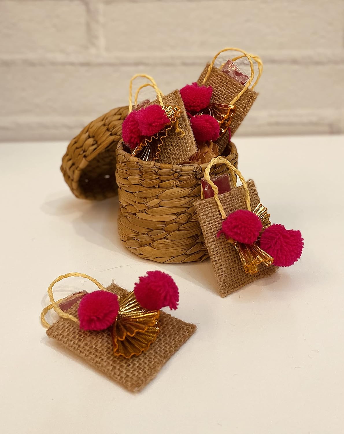LABZIO Roli Chawal Bags for Tikka — Handmade Jute Small Sqaure Bags / Potli | Decorated with Pom Pom | Perfect for Rakhabandhan , Bhai Dooj and Other Occasion / Festivals | Pack of 4