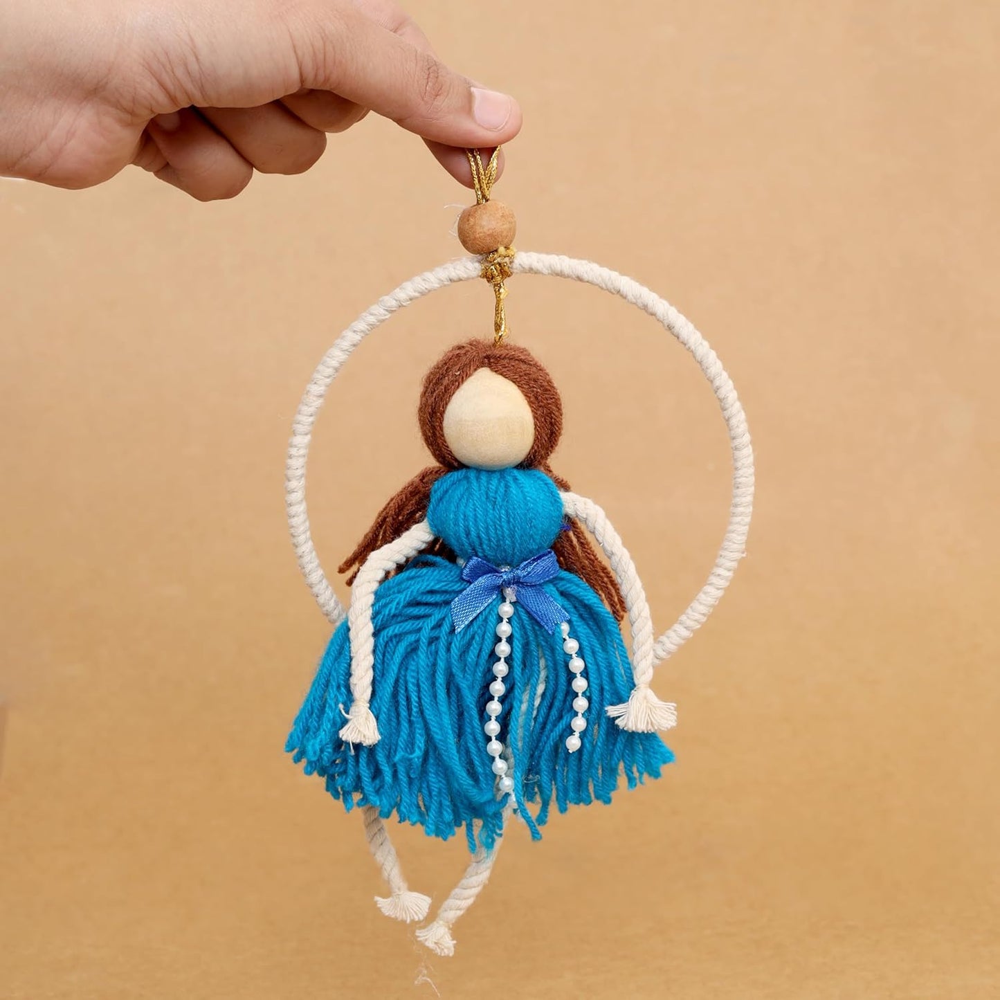 LABZIO Handmade Macrame Doll Hanging Ornament – Yarn Dress Décor for Home, Nursery, Kids’ Room & Gifts – Available in Blue, Green, Yellow (Green)