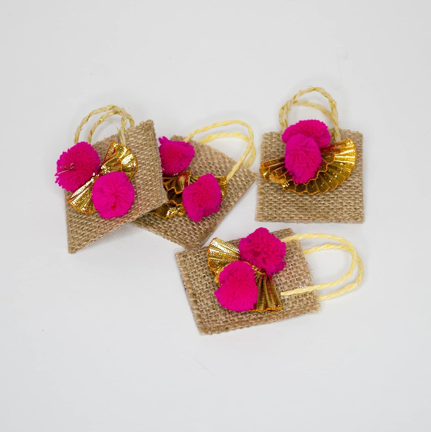 LABZIO Roli Chawal Bags for Tikka — Handmade Jute Small Sqaure Bags / Potli | Decorated with Pom Pom | Perfect for Rakhabandhan , Bhai Dooj and Other Occasion / Festivals | Pack of 4