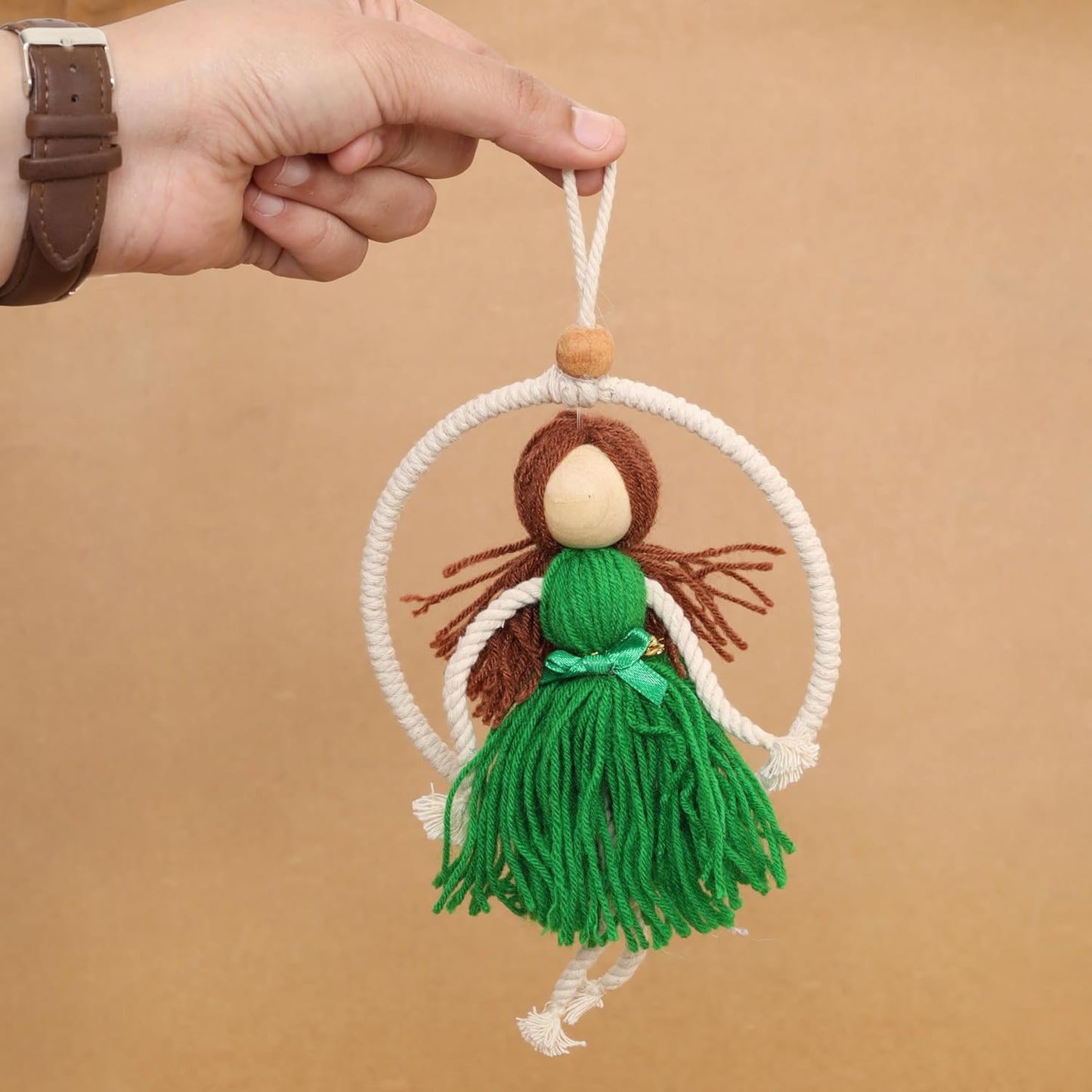 LABZIO Handmade Macrame Doll Hanging Ornament – Yarn Dress Décor for Home, Nursery, Kids’ Room & Gifts – Available in Blue, Green, Yellow (Green)