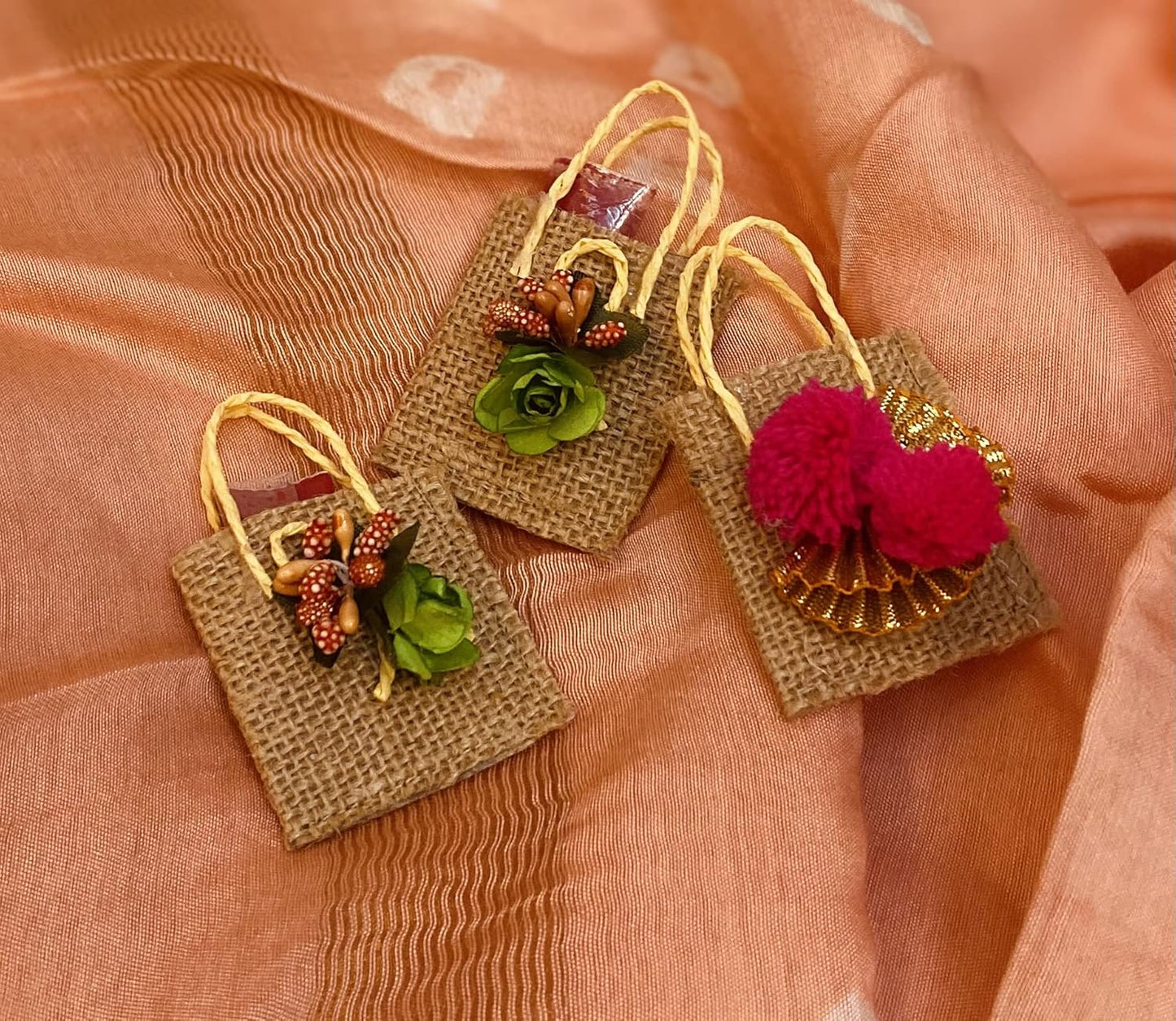 LABZIO Roli Chawal Bags for Tikka — Handmade Jute Small Sqaure Bags / Potli | Decorated with Pom Pom | Perfect for Rakhabandhan , Bhai Dooj and Other Occasion / Festivals | Pack of 4