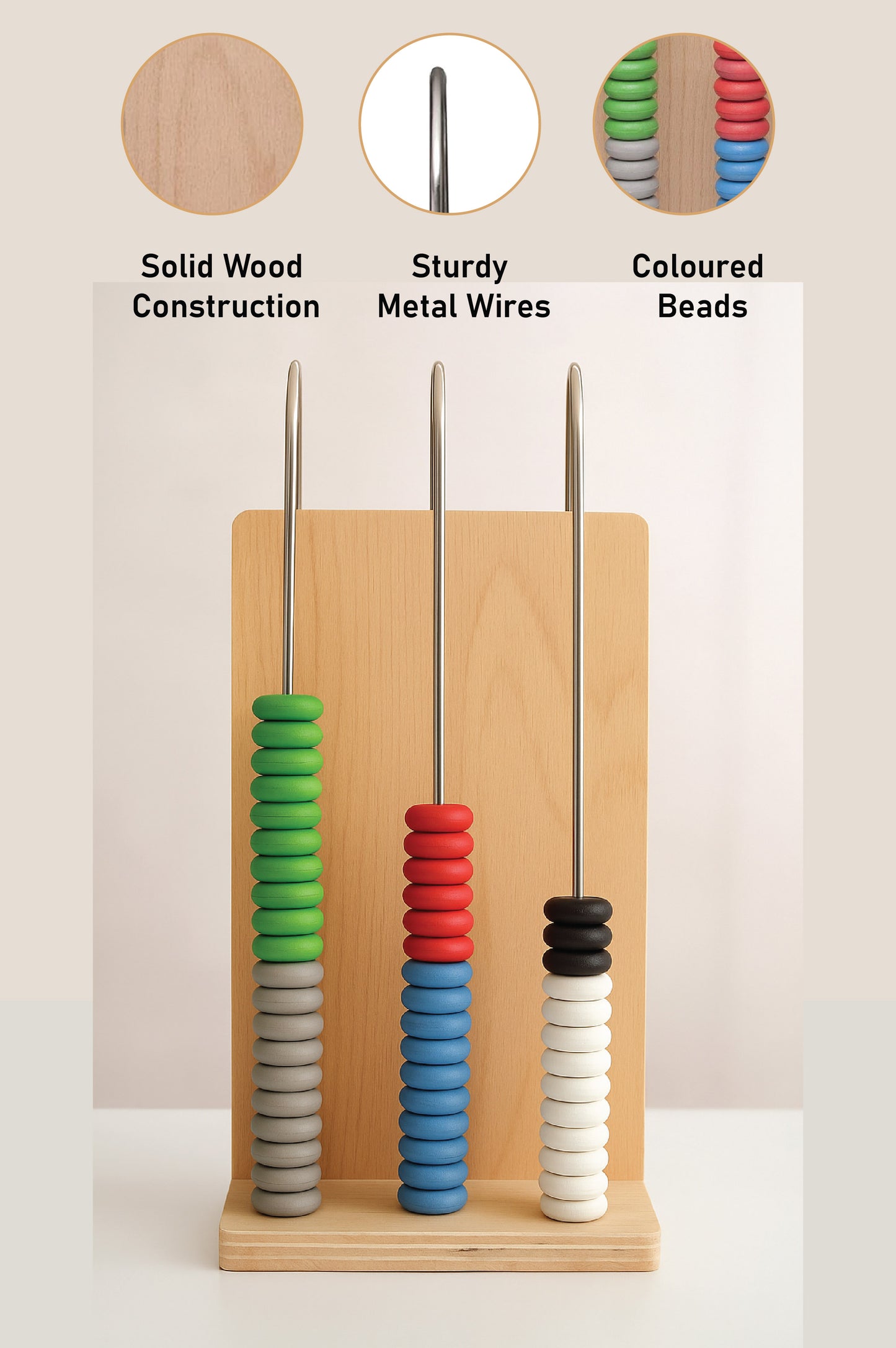 EISCO - Abacus, 3 U-Shaped Steel Wires, Wooden Frame, Arithmetic Learning and Calculation Tool for Students and Teachers