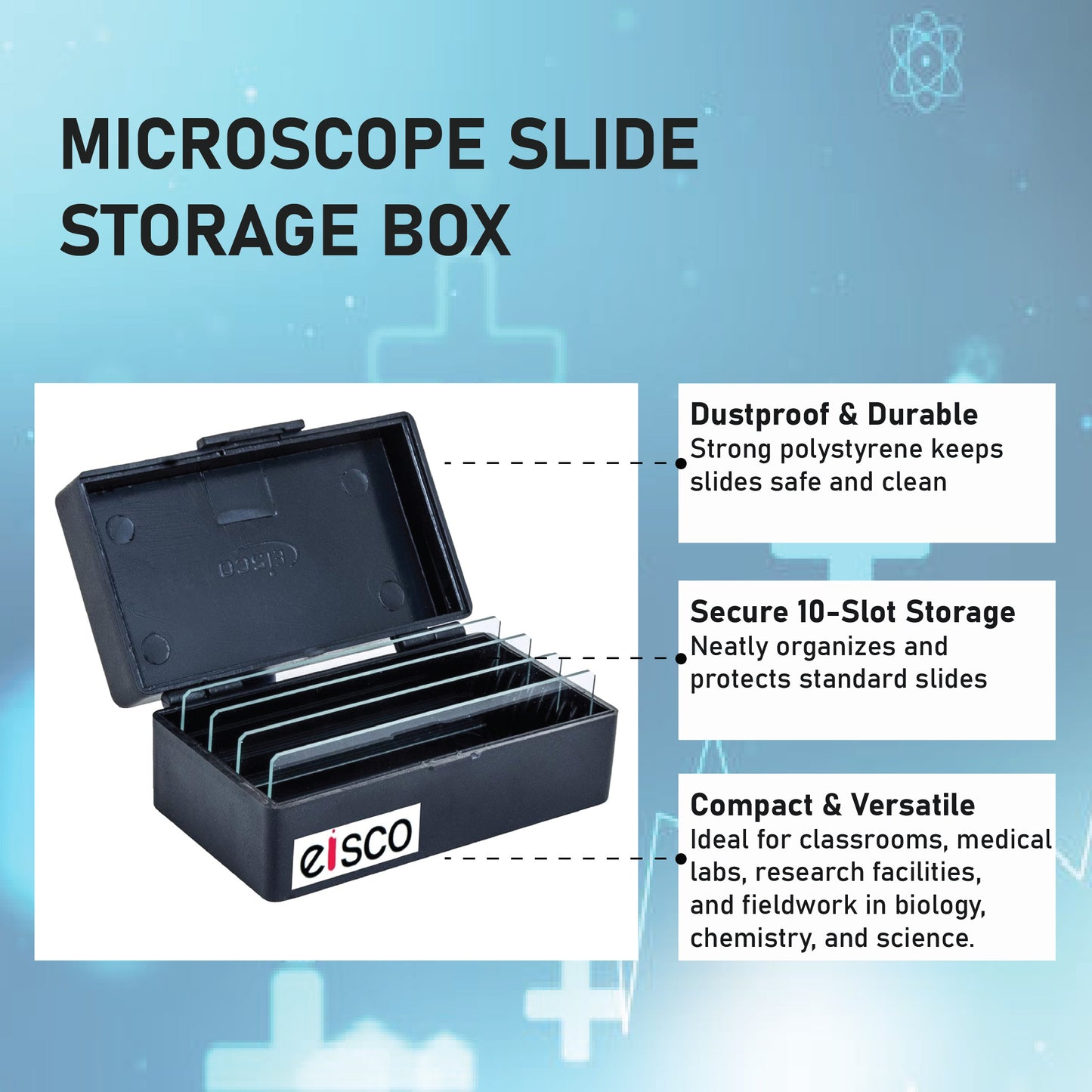 EISCO Microscope Slide Box – 10 Slot Compact Storage Case | Durable Polystyrene, Dustproof, Secure Holder | Lab Slide Organizer for School, Medical, Biology, Chemistry & Science Research