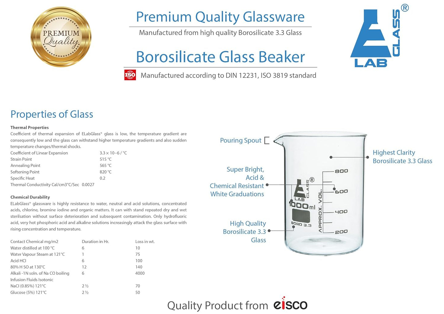 Beaker, 1000 ml, Low Form, Borosilicate Glass, Graduated as Per DIN 12231, ISO 3819, Pack of 6