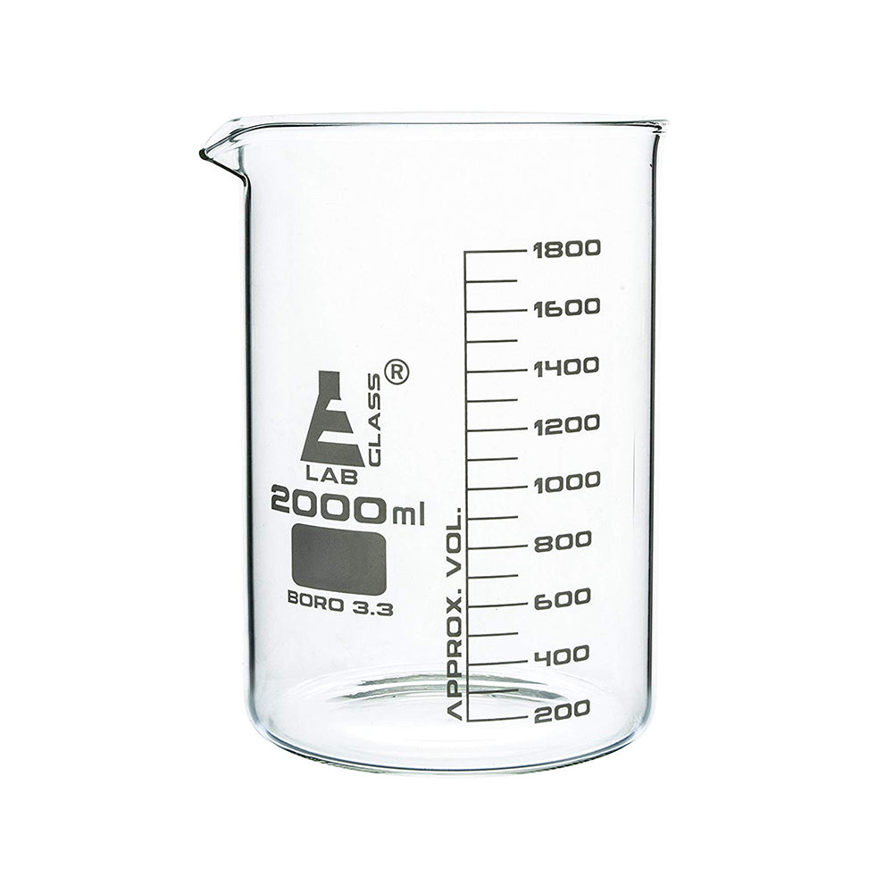 Eisco Labglass CH0126L Beaker, 2000 ml, Low Form, Borosilicate Glass, Graduated as Per DIN 12231, ISO 3819, Pack of 1