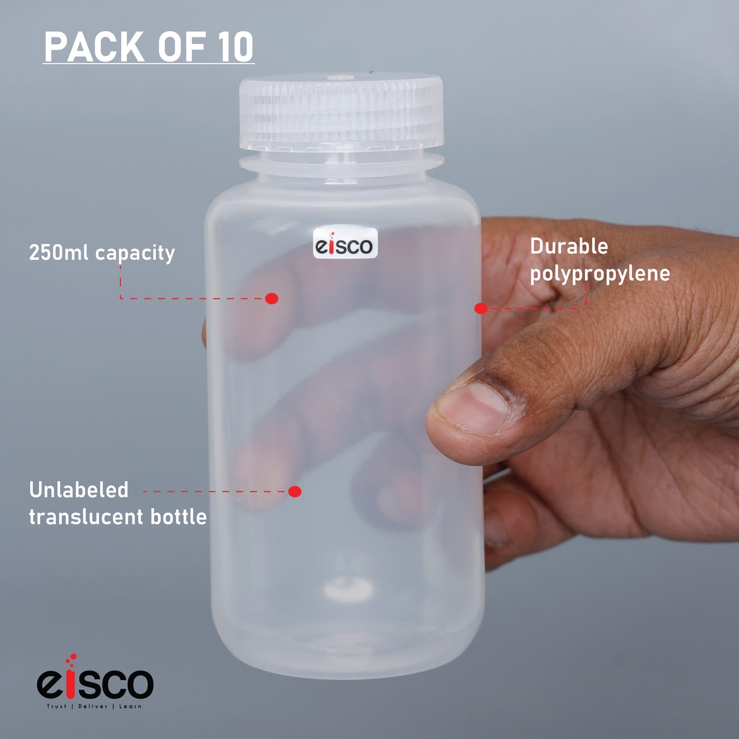 Polypropylene Reagent Bottle, 250 ml, Wide Neck, Autoclavable, Leak Proof, Pack of 10