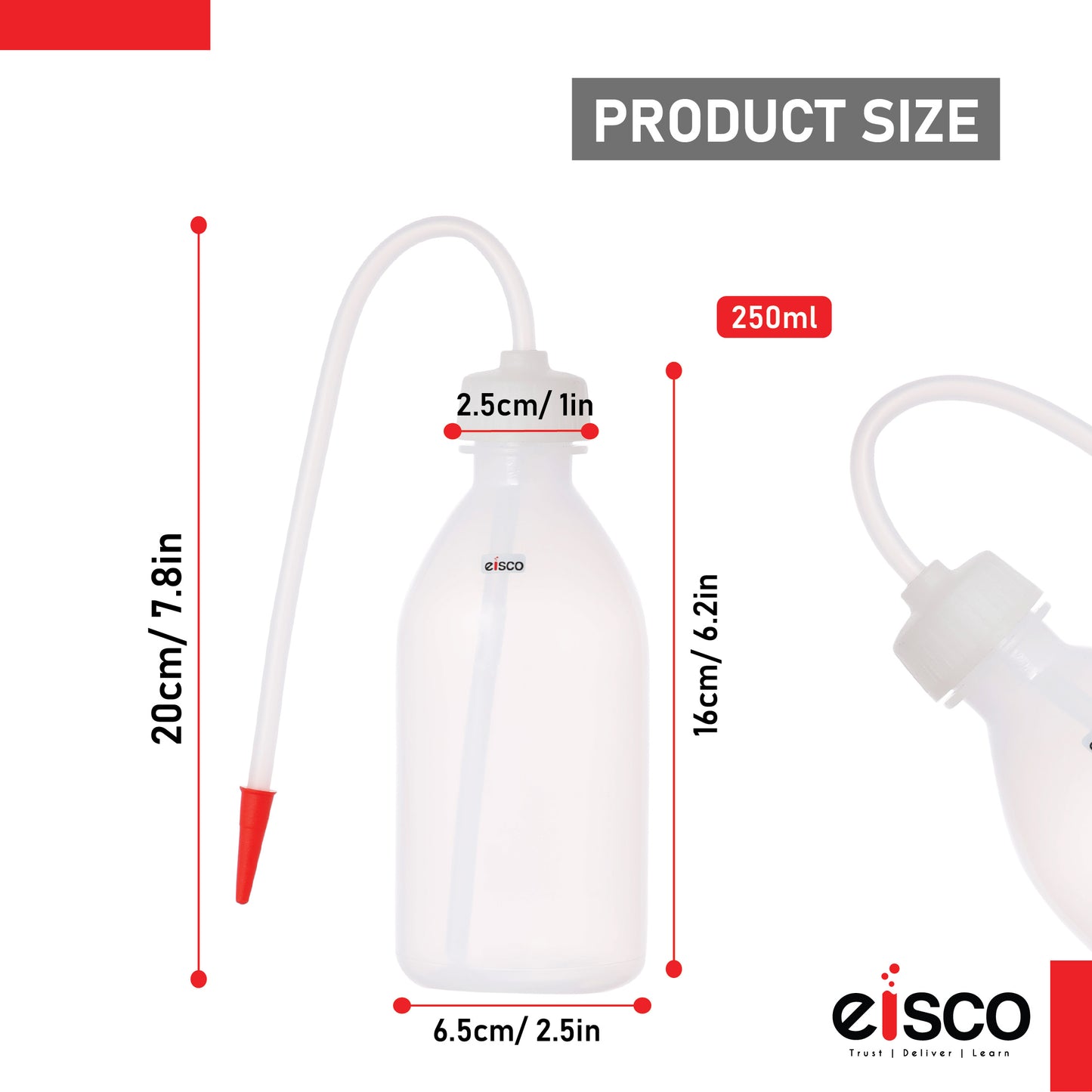 Eisco ( Pack of 6 x 250ml Polyethylene Wash Bottles – Unbreakable, Leakproof Lab Bottles with Flexible Delivery Tube | Chemical Resistant | Easy Squeeze Bottles for Laboratory Use