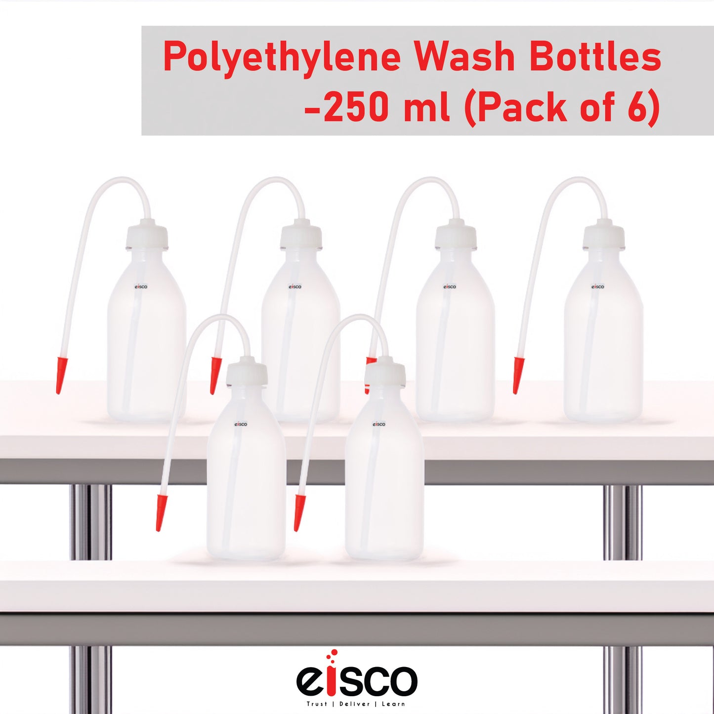 Eisco ( Pack of 6 x 250ml Polyethylene Wash Bottles – Unbreakable, Leakproof Lab Bottles with Flexible Delivery Tube | Chemical Resistant | Easy Squeeze Bottles for Laboratory Use