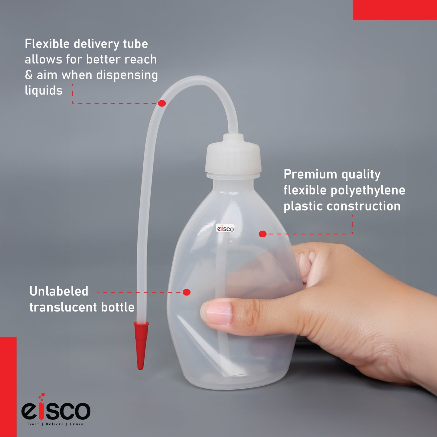 Eisco ( Pack of 6 x 250ml Polyethylene Wash Bottles – Unbreakable, Leakproof Lab Bottles with Flexible Delivery Tube | Chemical Resistant | Easy Squeeze Bottles for Laboratory Use